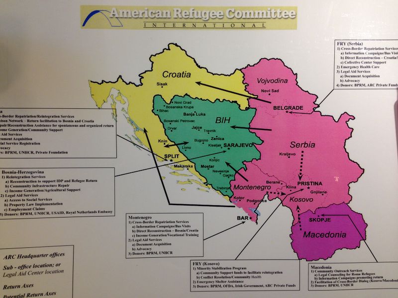 The map of ex-Yugoslavia and the ARC Headquarters and sub-offices with the major activities