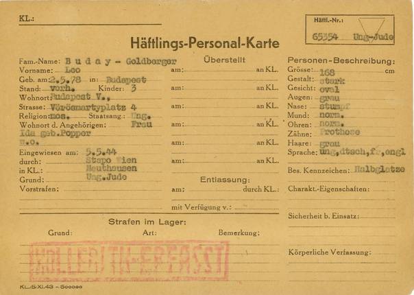 Leó Goldberger’s Mauthausen personal record. Source: Wikipedia Leó Goldberger’s Mauthausen personal record. Source: Wikipedia